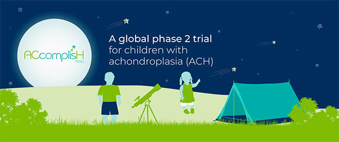 Illustration: 2 children camping under a night sky; phase 2 ACcomplish Trial of TransCon CNP in children with achondroplasia